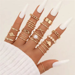 24Pcs Imitation Pearl Leaf Flower Rings Set For Women Punk Vintage Geometry Finger Ring Metal Knuckle Finger Ring Jewelry Gifts