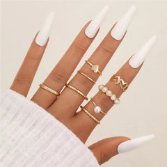 24Pcs Imitation Pearl Leaf Flower Rings Set For Women Punk Vintage Geometry Finger Ring Metal Knuckle Finger Ring Jewelry Gifts