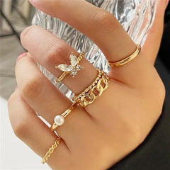 24Pcs Imitation Pearl Leaf Flower Rings Set For Women Punk Vintage Geometry Finger Ring Metal Knuckle Finger Ring Jewelry Gifts