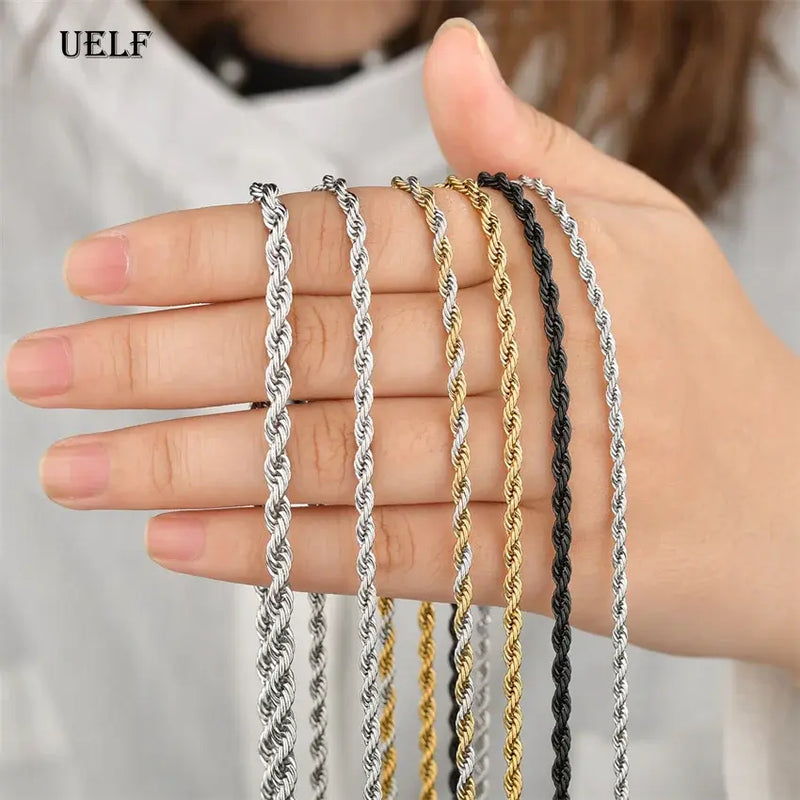 UELF Men Ropes Long Necklace Stainless Steel Minimalist Twist Rope Chain Necklace Available in Gold Color Silver Color 2 TO 5mm